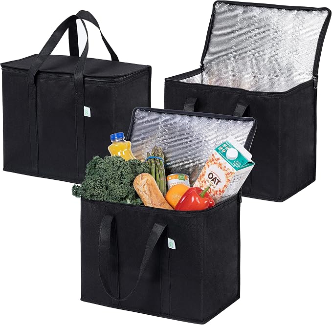 VENO 3 Pack Insulated Cooler Reusable Grocery Shopping Bag Food Delivery | Large Collapsible Cooler, Reusable Shopping Tote w/ Zippers, Foldable, Stands Upright, for Groceries Camping (Black, 3 Pack)