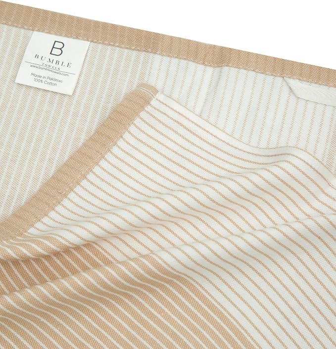 Premium Kitchen Towels 6 Pack 100% Cotton, 20"x28" - Tan | 238GSM Yarn Dyed Flat Woven Stripe Dish Towel for kitchen | Kitchen hand towels with Hanging Loop | Absorbent Linen set