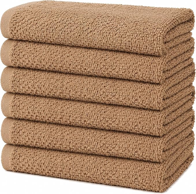 Bumble Kitchen Towels 6 Pack 100% Cotton 16"x26" - Tan Solid | 430 GSM Soft Kitchen Hand Towels with Hanging Loop, Highly Absorbent & Durable for Washing and Drying Dishes