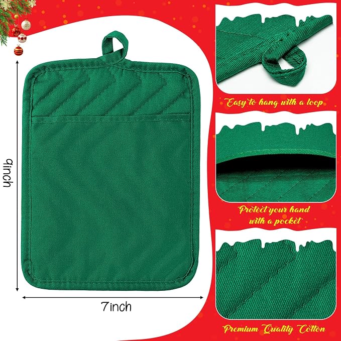 R HORSE 6 Pack Green Pot Holders for Kitchen with Pockets, 7''x 9'' | Cotton Kitchen Potholder, Heat Resistant Oven Mitts, Non-Slip Hot Pads Terry Cloth, Ideal for Cooking, Baking, Christmas Gift