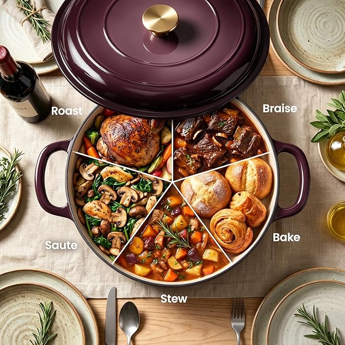 Vintage Style 3 Quart Enameled Cast Iron Braiser, Non Stick Enameled Cast Iron Skillet with Lid, Dutch Oven Skillet with lid up to 500°F for Oven, Stove, Grill, Shallow Dutch Oven for Cook, Bake (Fig)