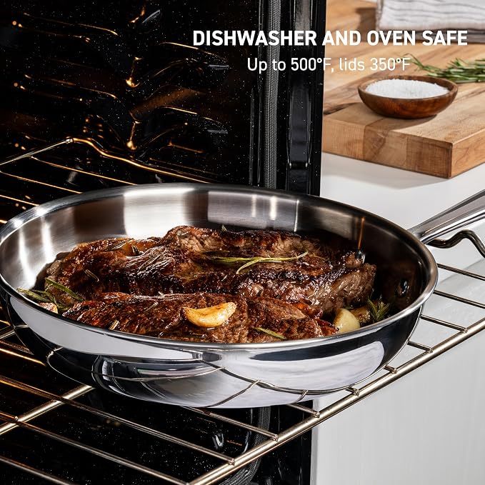 T-Fal Pro Tri-Ply Stainless Steel 6 qt Dutch Oven Pot with Lid, Induction | NSF professional grade, Glass lid traps moisture, Oven safe to 500 F, Braising and stewing use, Built-in measuring marks