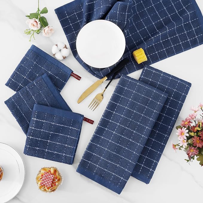 Homaxy Kitchen Towels and Dishcloths Set, Set of 12, Navy Blue | Bulk Cotton Terry Kitchen Towels, Checkered Designed, Soft and Super Absorbent Dish Towels, 12 x 12 and 13 x 28 Inches