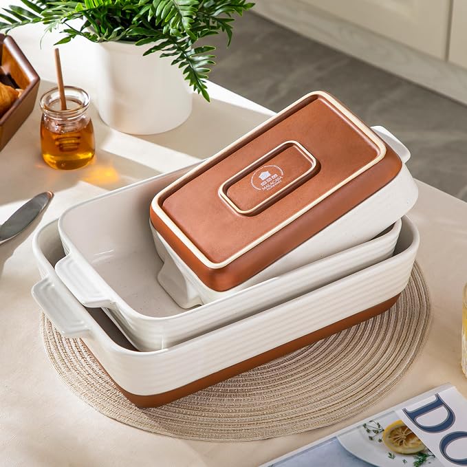 MALACASA Casserole Dishes for Oven, Ceramic Baking Dishes Set of 3, Baking Pan Casserole Dish Set, Rectangular Lasagna Pan Deep with Handles for Baking, Khaki White (14.5''/13''/10.5''), Series TARA
