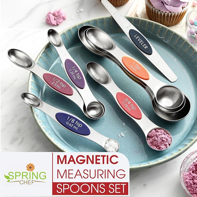 Spring Chef Stainless Steel 8 Magnetic Measuring Spoons, Mountain Sunrise | Nesting Metal Teaspoon & Tablespoon Measuring Spoons with Leveler for Dry & Liquid Ingredients, Dual Sided, Dishwasher Safe