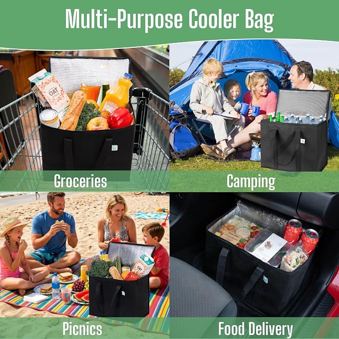 VENO 3 Pack Insulated Cooler Reusable Grocery Shopping Bag Food Delivery | Large Collapsible Cooler, Reusable Shopping Tote w/ Zippers, Foldable, Stands Upright, for Groceries Camping (Black, 3 Pack)