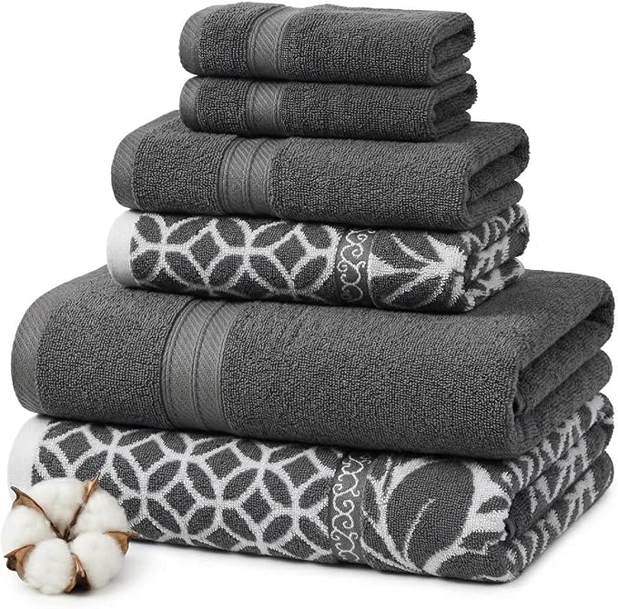 Modern Threads 6 Piece Bath Towel Set – Bathroom Set with 2 Bath Towels, 2 Hand Towels, and 2 Wash Cloths – 100% Cotton, Super Absorbent & Extra Soft – Reversible Botanical Vine (Gray)