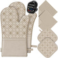 Oven Mitts and Pot Holders Set with Dishcloths, 500 Degree Heat Resistant Oven Gloves and Hot Pads, Premium Soft Cotton Kitchen Mittens and Dish Cloth Sets-Beige