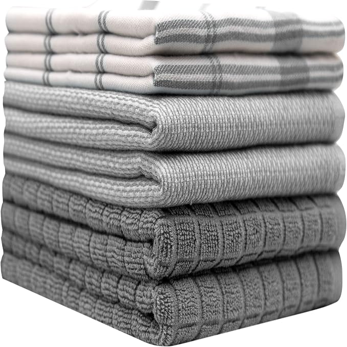 Premium Kitchen Towels 6 Pack 100% Cotton, 20"x28" Dish Towels - Grey Check | Large Flat & Terry Kitchen Linen Set with Hanging Loops, Highly Absorbent for Washing and Drying Dishes