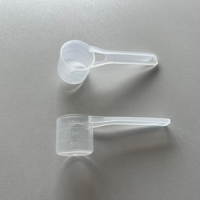 Long handle Clear Plastic Measuring Scoops 2 Pack - 15ml 10ml 5ml 3-in-1 Multi-Measurement Scoopers for Protein Powder, Creatine, Supplements and Liquids - Food Grade BPA Free PP Material