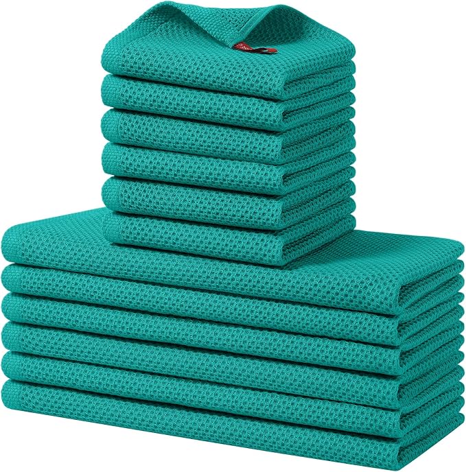 Homaxy 12 Pack 100% Cotton Kitchen Towels and Dishcloths Set, Teal | 12 x 12 Inches and 13 x 28 Inches Kitchen Towels Set, Ultra Soft Absorbent Dish Cloths for Washing Dishes