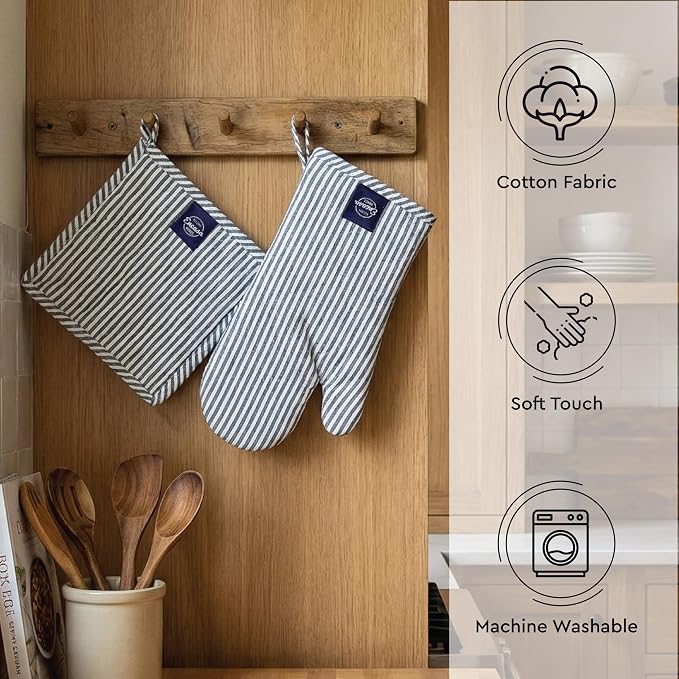 Encasa XO Oven Mitts and Pot Holders Set, Heat Resistant Cotton | Ticking Navy Blue, Diamond Quilted | Non-Slip Grip | Microwave & Oven Safe | Hanging Loop | Machine Washable | Set of 2