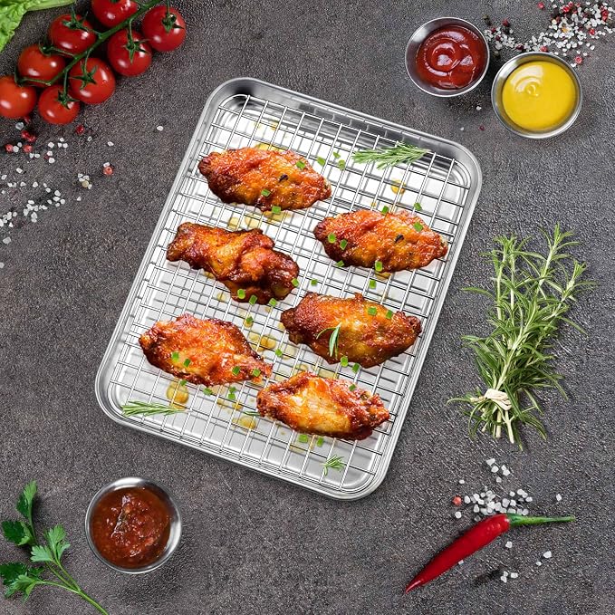 P&P CHEF 9 Inch Toaster Oven Pan Tray with Wire Rack, 2 PCS | Baking Sheet Pan + Cooling Rack for Cooking/Roasting, Dishwasher Safe & Rust Free, Non-toxic & Sturdy