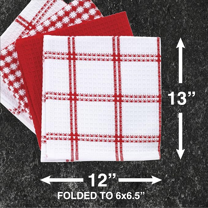 T-Fal Premium Waffle Dish Cloths: Highly Absorbent, Super Soft Long Lasting - 100% Cotton, 12"x13" Towel for Cleaning & Drying, (8-Pack), Red