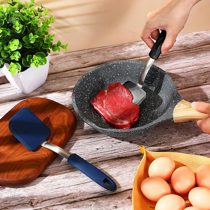 Silicone Cookie Spatula Turner 2 Pack Mini Brownie Spatula Flexible Kitchen Small Silicone Turner for Nonstick Cookware Heat Resistant No Scratch Flipper for Egg(Solid Flat,Black,Blue)