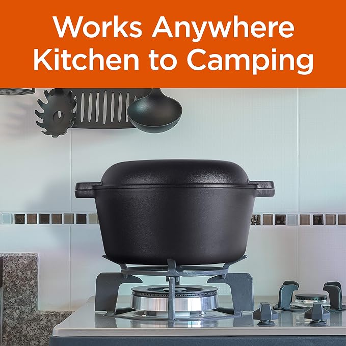 Commercial Chef 2-in-1 5-Qt. Dutch Oven, 10.25-Inch Skillet Lid, CHFL508 | Pre-Seasoned Cast Iron, Works on All Cooktops Including Induction, Outdoor Cookware for Campfires or Grills