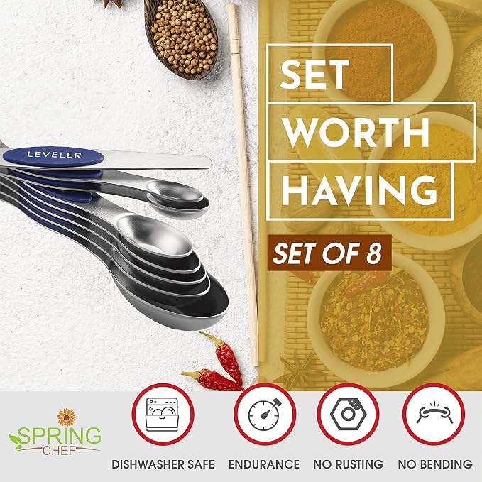 Spring Chef 8 Magnetic Measuring Spoons Set for Baking & Cooking, Sapphire | Stainless Steel Teaspoon & Tablespoon Measuring Spoons with Leveler for Dry & Liquid Ingredients, Dual Sided, Dishwasher Safe
