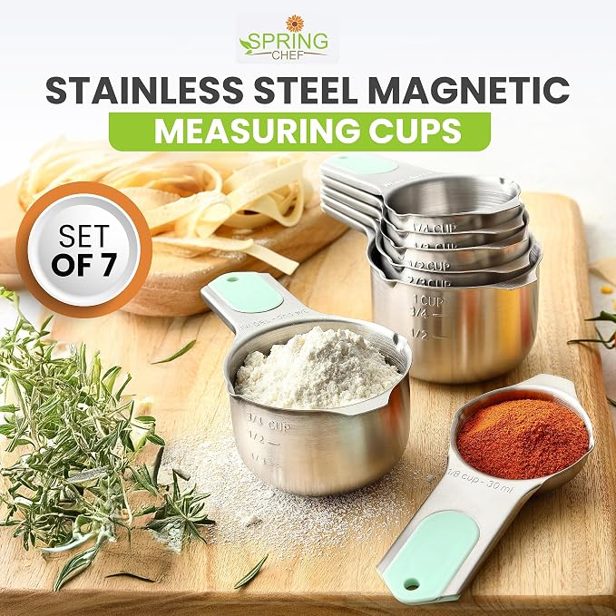 Spring Chef Magnetic Stainless Steel Measuring Cups Set of 7 Patented, Mint | Metal Measuring Cups for Measuring Dry or Liquid Ingredients, Easy to Read Markings, Dishwasher Safe Nesting Magnetic Cups