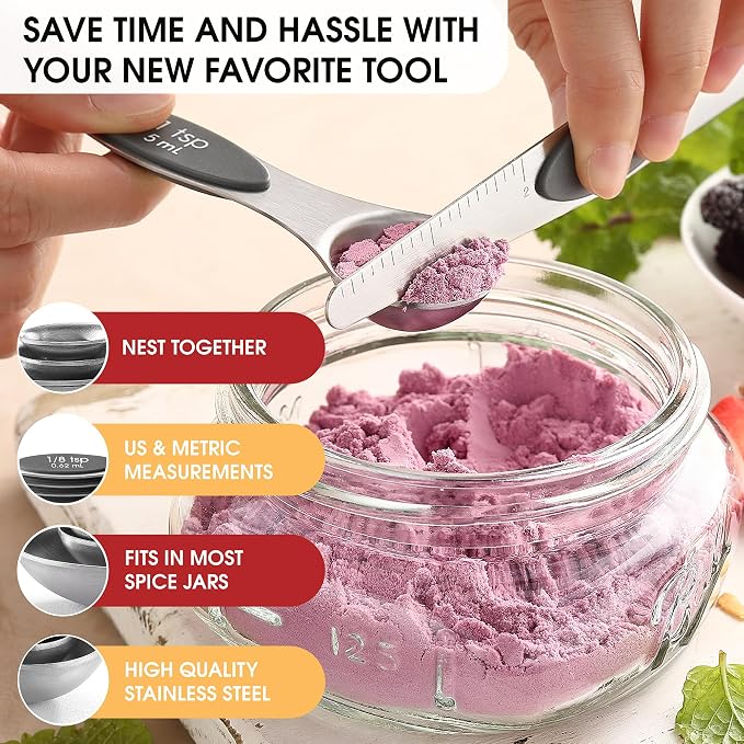 Spring Chef Stainless Steel Magnetic Measuring Spoons Set of 8, Gray | Stackable Metal Teaspoon & Tablespoon Measuring Spoons with Leveler for Dry & Liquid Ingredients, Dual Sided, Dishwasher Safe