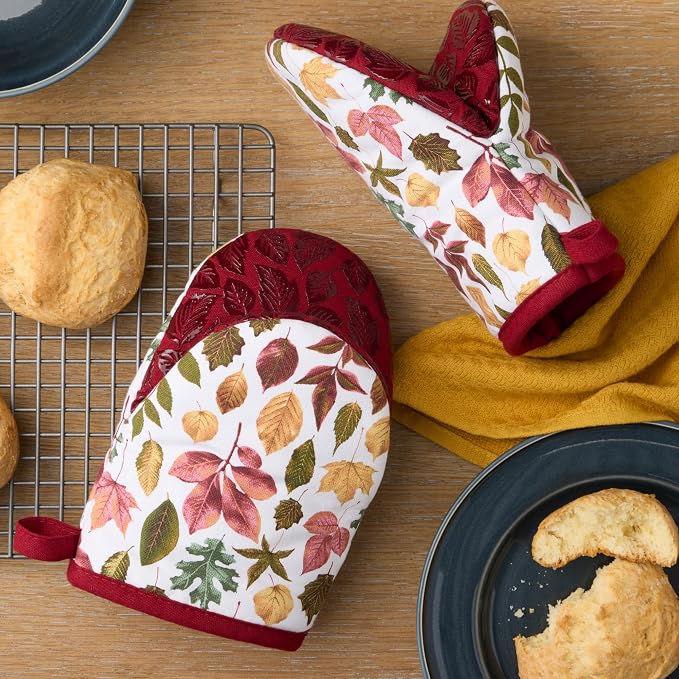 MARTHA STEWART Autumn Harvest Falling Leaves Mini Oven Mitt 2-Pack Set, 100% Cotton with Decorative Non-Slip Silicone Grip, Heat Resistant, Tan/Red/Green, 5.5"X8"