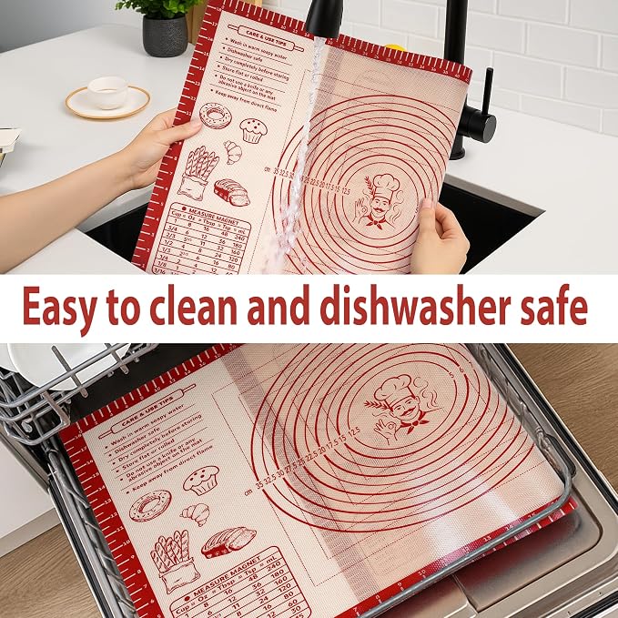 Silicone Baking Pastry Dough Mat - Non Slip Rolling Mat with Measurement Guides, Thick Reusable Kneading Board for Bread, Pizza, Cookies, Fondant, Nonstick Baking Sheet for Kitchen Counter, 20x28inch