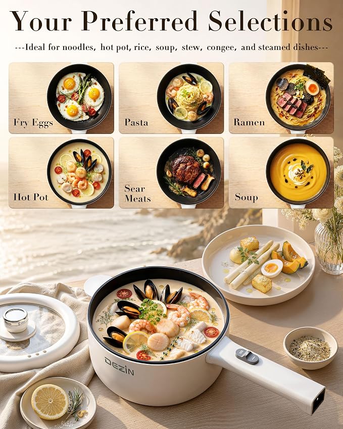 Dezin 2L Hot Pot Electric, Non-Stick Electric Pan, 700W Adjustable Power | Electric Pot for Cooking/Steak/Egg/Fried Rice/Ramen/Soup, Portable Pot for Dorm/RV/Family/Travel/Camping, Include Spatula