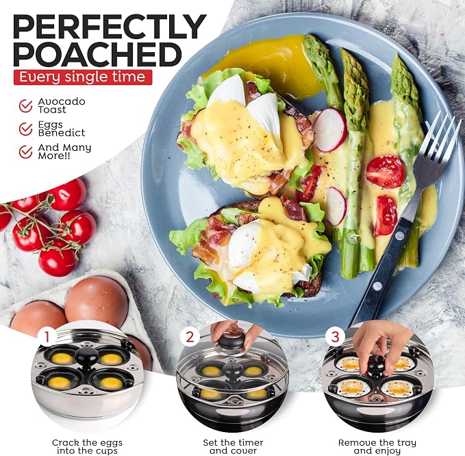 AVACRAFT Stainless Steel Egg Poacher Pan with 4 Egg Cups | Food-Grade Stainless Steel, Tempered Glass Lid, 4 Egg Cups, Induction Compatible, Dishwasher Safe, Multipurpose Pan