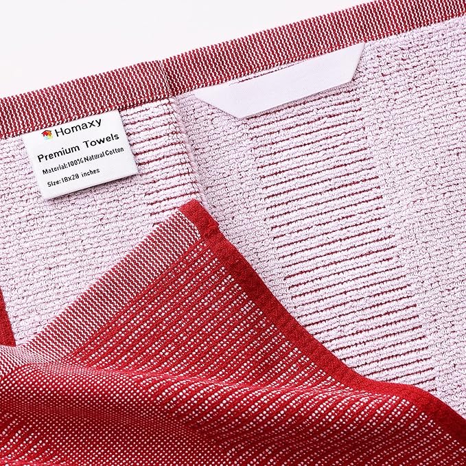Homaxy 380 GSM Cotton Premium Kitchen Towels 3 Pack, 18"x 28", Red | Flat and Terry Dish Towels, Highly Absorbent Tea Towel Set with Hanging Loop, Soft Utility Kitchen Hand Towels