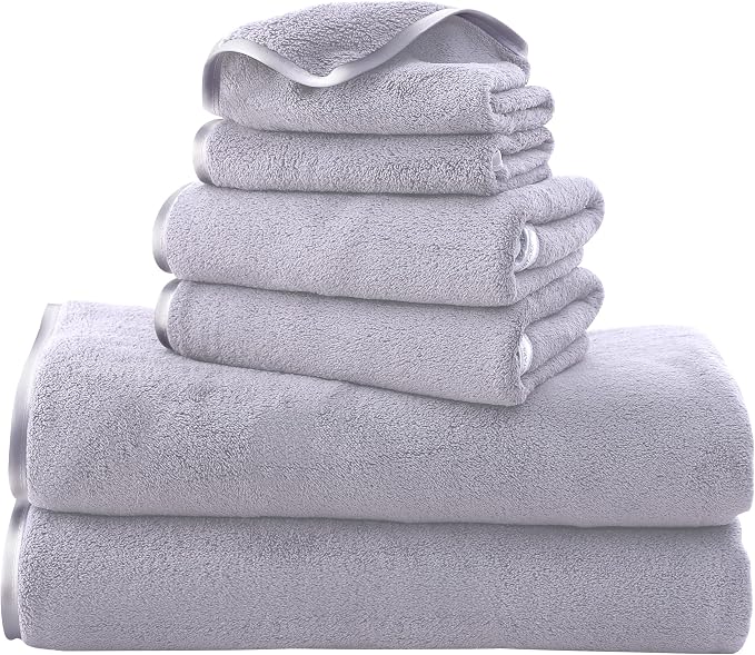 TENSTARS Luxury Silk Hemming Towel Set - Light Thin Quick Drying - 2 Bath Towels 2 Hand Towels 2 Washcloths - Ultra Soft Microfiber Towel for Bath Fitness, Sports, Yoga, Travel (Light Grey 6 Pieces)