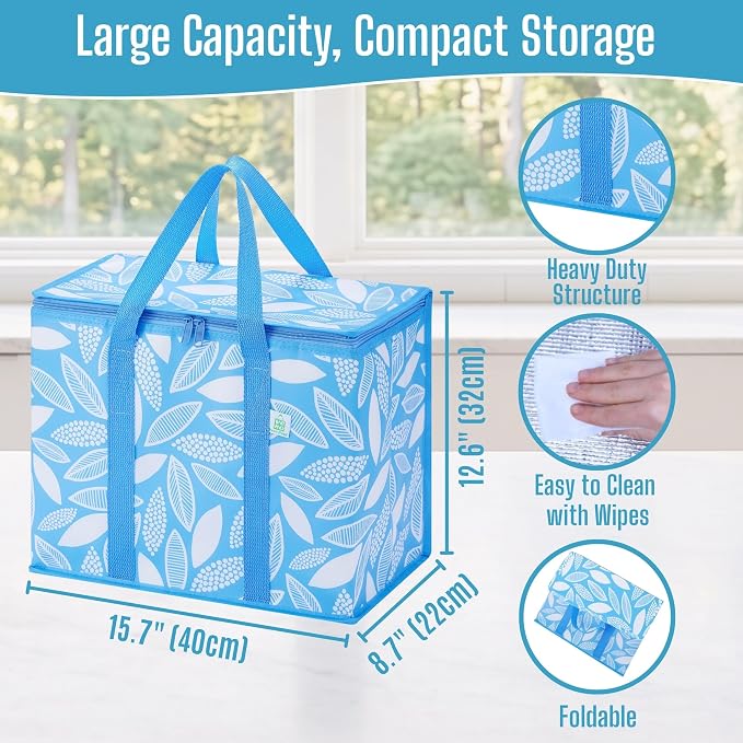 VENO 3 Pack Insulated Cooler Bag Reusable Grocery Bag for Food Delivery | Heavy Duty Large Collapsible Cooler Shopping Tote w/ Zippers, Foldable, Stands Upright for Camping (Spring Breeze, 3 Pack)
