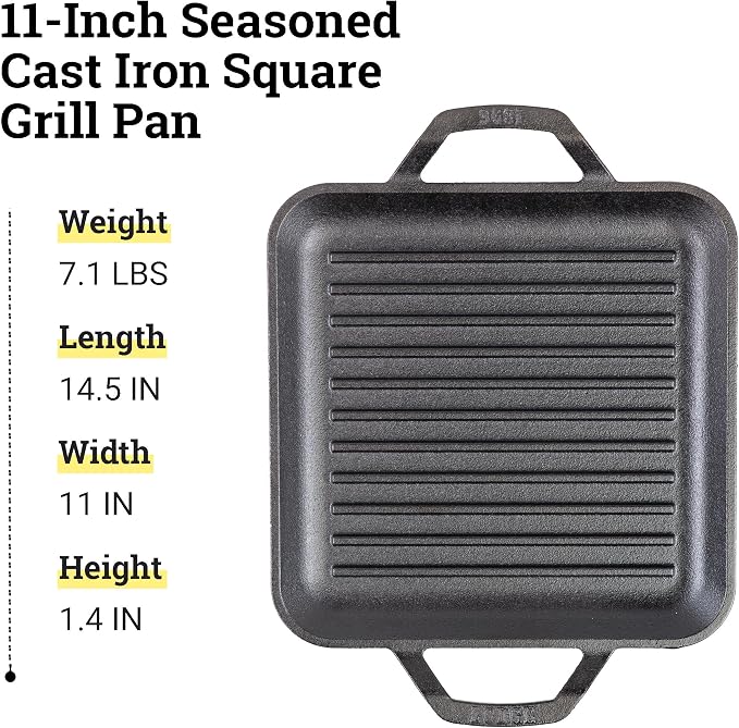 Lodge 11" Cast Iron Square Grill Pan - Chef Collection - Pre-Seasoned Cast Iron Pan - Versatile Cooking - Indoor & Outdoor Use - Incredible Heat Retention