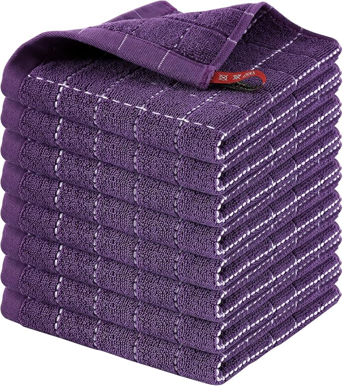 Homaxy 100% Cotton Terry Kitchen Dish Cloths, 8 Pack, Purple | Ultra Soft and Absorbent, Suitable for Drying and Washing Dishes
