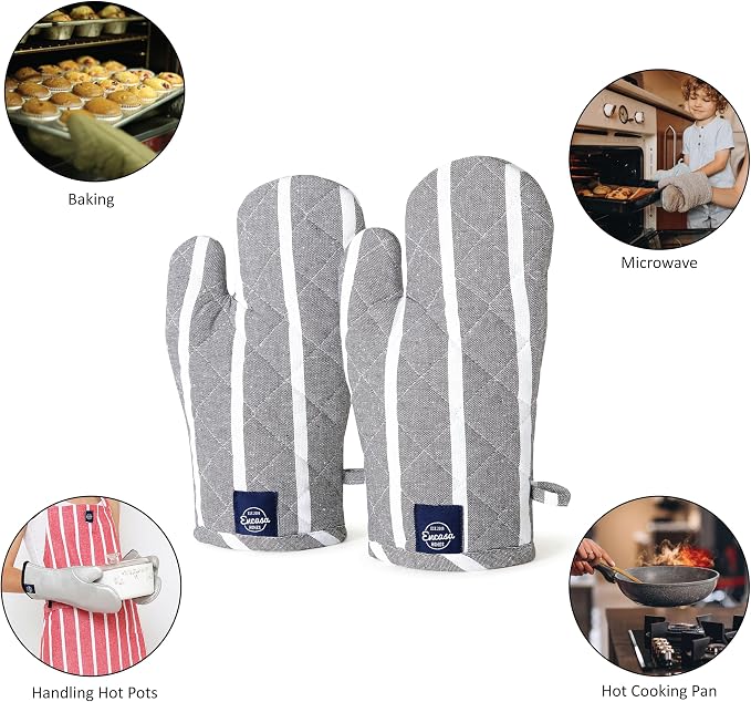 Encasa XO Oven Mitts, Heat Resistant Kitchen Gloves, Microwave | Roma Grey Stripes, 100% Cotton | Diamond Quilted Insulation | Pot Holders | Hanging Loop | Barbecue & Grill | Set of 2