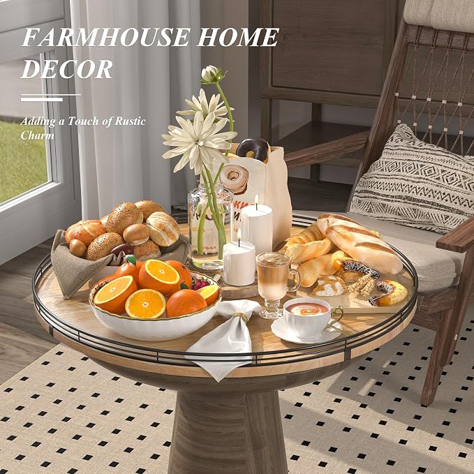 AMH 24-Inch Extra Large Farmhouse Oak Lazy Susan Organizer | Smooth rotating oak tray with walnut finish for dining tables, kitchen counters, pantries and cabinet storage.