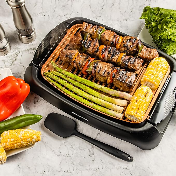OVENTE Electric Indoor Grill, 13x10 Inch Non-Stick Plate, Copper GD1632NLCO | 1000W Fast Heat Up Power, Adjustable Temperature, Removable and Dishwasher Safe Grilling Plate and Drip Tray