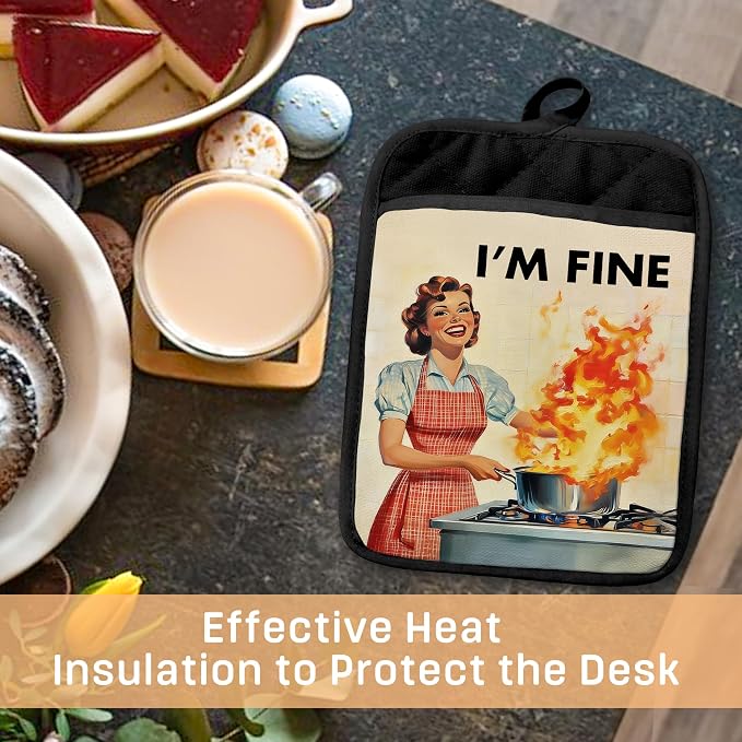 I'm Fine Funny Kitchen Pot Holders with Pockets, Humorous Cooking Housewife Oven Pot Holders Heat Resistant Oven Mitts Hot Pads for Kitchen Baking Cooking