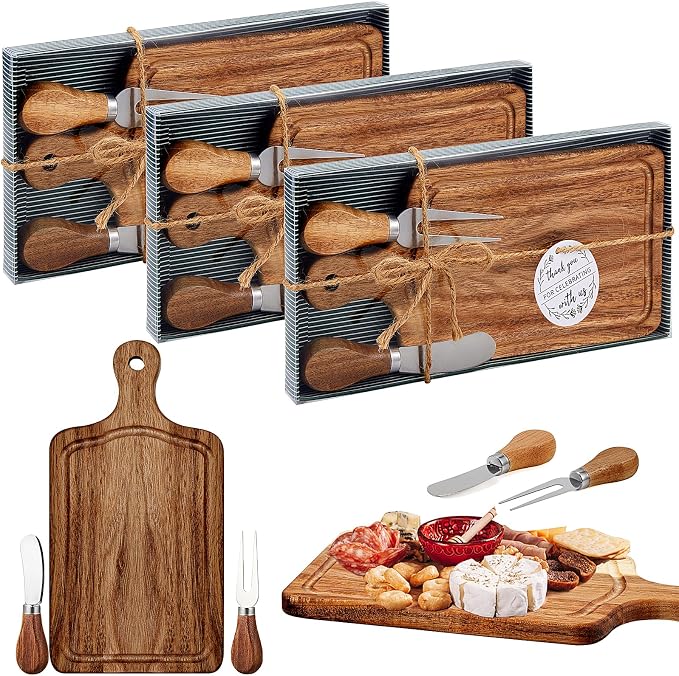 3 Sets Bridal Shower Favor Prizes Charcuterie Board,Acacia Color | Acacia Wood Cheese Board with Knife Fork Thank You Tag, Gift Box for Guests, Valentines Wedding Baby Shower Party Favors