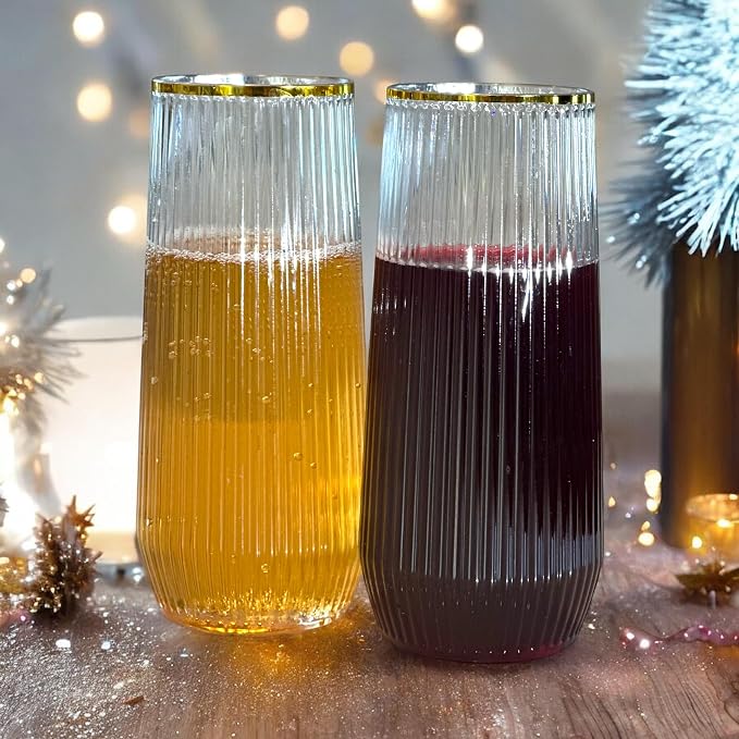 48 Pack Disposable Plastic Champagne Flutes & Wine Glasses - Stemless | 24 9oz Flutes, 24 12oz Cups, Gold Rim, Ribbed, BPA-Free, Shatterproof, Reusable, Recyclable, for Wedding Party Birthday