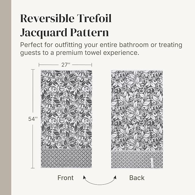 Modern Threads 6 Piece Bath Towel Set – Bathroom Set with 2 Bath Towels, 2 Hand Towels, and 2 Wash Cloths – 100% Cotton, Super Absorbent & Extra Soft – Reversible Botanical Vine (Gray)