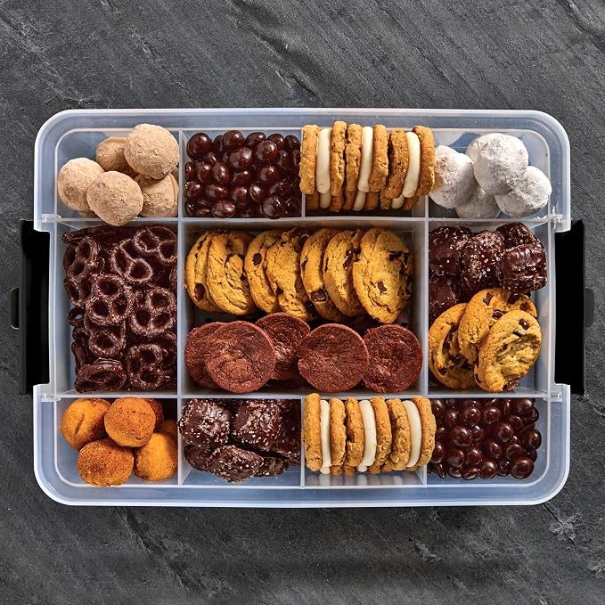 Farberware Snacklebox 11x16 Inch Bamboo Cutting Board Lid with 11-Compartment PP Snack Box, Locking Handles for Travel - Charcuterie Board with Lid for Picnics, Road Trips, and Outdoor Entertaining