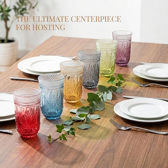 13 OZ 6 Pack Vintage Drinking Glasses Set, Colorful Textured Glass Water Tumblers Cups -Embossed Striped Glassware for Water, Cocktails, Juice, Iced Coffee, Beer(Sweet flag style)