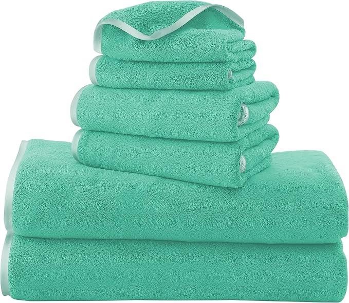 TENSTARS Luxury Silk Hemming Towel Set - Light Thin Quick Drying - 2 Bath Towels 2 Hand Towels 2 Washcloths - Ultra Soft Microfiber Towel for Bath Fitness, Sports, Yoga, Travel (Aqua Green, 6 Pieces)