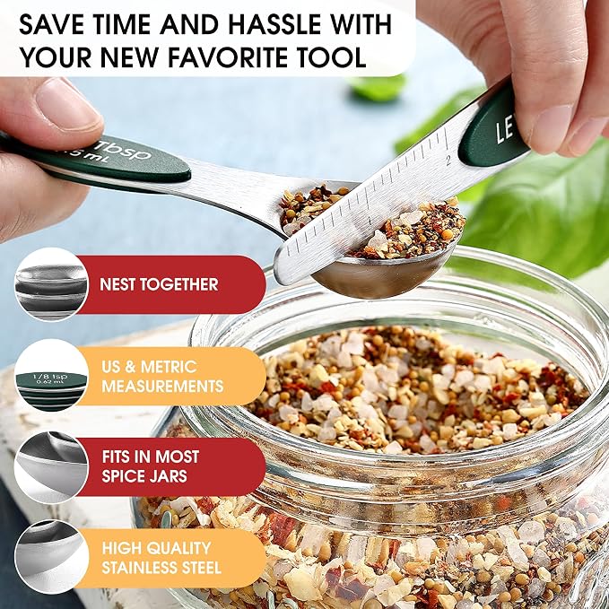 Spring Chef Stainless Steel Magnetic Measuring Spoons Set of 8, Pine Green | Nesting Metal Teaspoon & Tablespoon Measuring Spoons with Leveler for Dry & Liquid Ingredients, Dual Sided, Dishwasher Safe