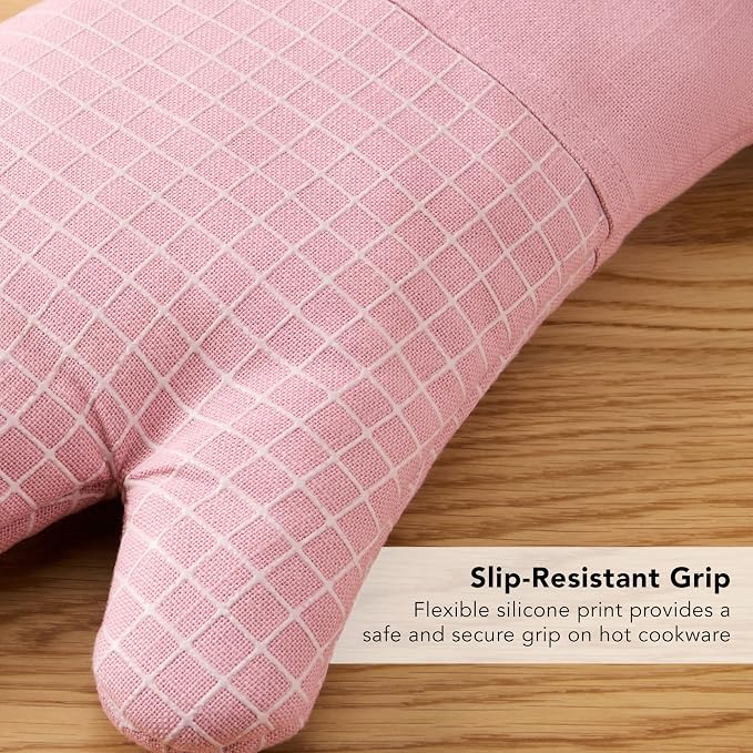 KITCHENAID Gourmet Series Gridlines Oven Mitts 2-Pack Set, Heat Resistant up to 600°F, Soft Silicone Grip, Magnetic Cuff, Dried Rose, 7"x14"