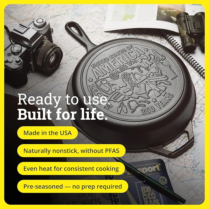 Lodge 10.25 Inch Cast Iron Skillet – Pre-Seasoned Frying Pan with Teardrop Handle – Oven, Stovetop, Grill & Campfire Use – Made in USA – Non-Toxic, Even-Heating Cookware – 250th Anniversary Logo