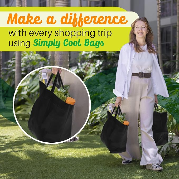 Simply Cool 50 Pack Reusable Grocery Bags, Large Tote Bags Bulk, Black | 14.5"x14"x6.6" Heavy Duty Non-woven Custom Shopping Bags with Handles, Foldable, Washable for Groceries and Commercial use