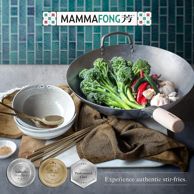 Flat Bottom Carbon Steel Wok Pan - Authentic Hand Hammered Woks and Stir Fry Pans - 14" Pow Wok