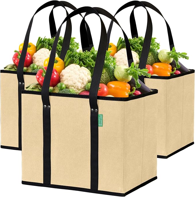 Reusable Grocery Bags (3 Pack) – Heavy Duty Reusable Shopping Bags for Groceries with Box Shape to Stand Up, Stay Open, Fold Flat – Large Tote-Bag is Foldable with Long Handles & Hard Bottom (Beige)
