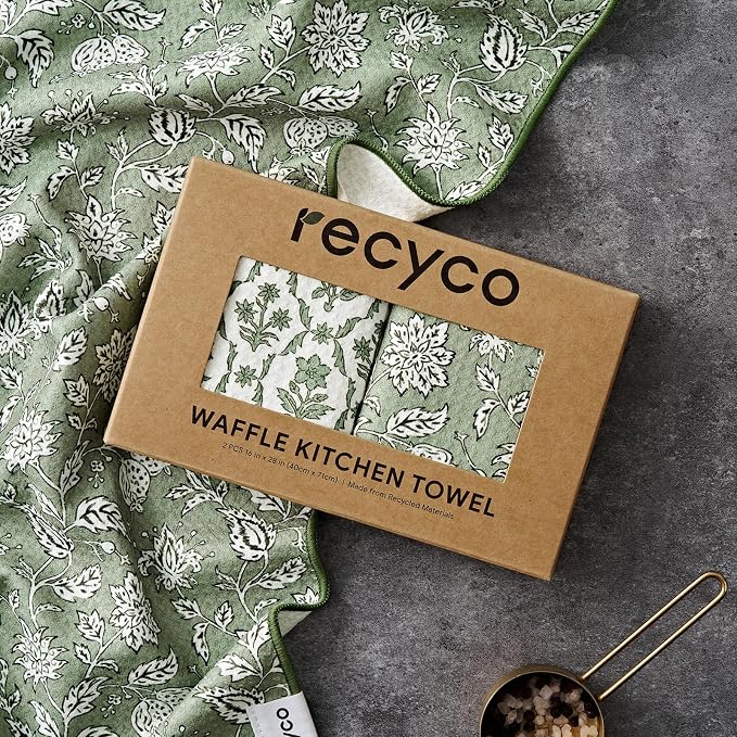 RECYCO Waffle Kitchen Towel Set of 2 - Quick Dry Microfiber Sustainable Dish Towels - Ultra Absorbent Reusable Cleaning Tea Towels - Lightweight Hand Towels,16”x 28”, Thyme & Vine