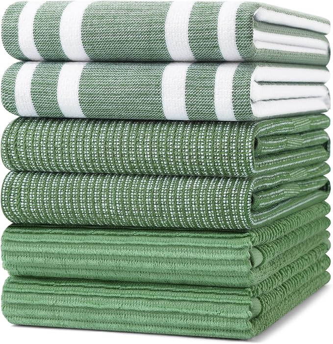 Homaxy Cotton 380 GSM Premium Kitchen Towels, 18"x28", 6 Pack, Grass Green | Soft and Absorbent Terry Dish Towels, Multipurpose Tea Towel Set with Hanging Loop, 3 Styles Kitchen Hand Towels